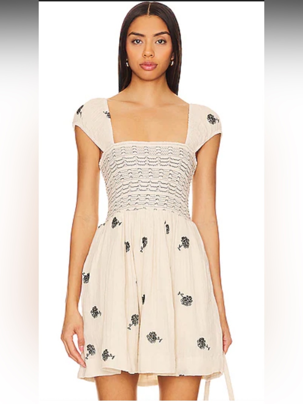 Free People Cream Mini Dress with Black Floral Embroidery